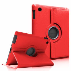 Étui rotatif rouge en similicuir pour tablette avec support pliable et protection complète.