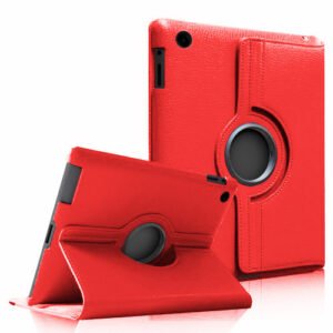 Étui tablette rouge rotatif à 360°, support pliable élégant en cuir synthétique.