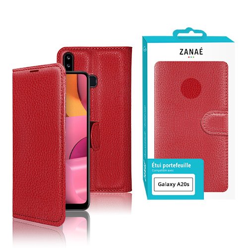 Étui portefeuille rouge en similicuir pour Samsung Galaxy A20s avec emballage ZANAÉ élégant