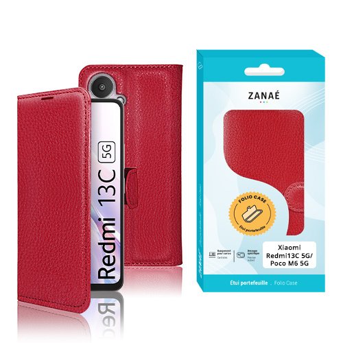 Étui portefeuille rouge ZANAÉ pour Xiaomi Redmi 13C 5G et Poco M6 5G.