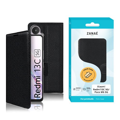 Coque folio noire Zanae pour Xiaomi Redmi 13C 5G et Poco M6 5G.
