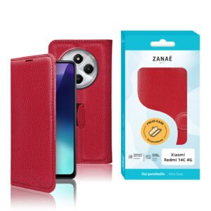 Étui folio rouge texturé pour Xiaomi Redmi 14C 4G avec emballage ZANAÉ élégant.