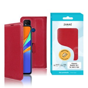 Housse folio rouge pour Xiaomi Redmi 9C, 9C NFC et 10A avec design élégant.