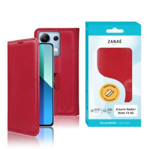 Coque folio rouge en simili cuir pour Xiaomi Redmi Note 13 4G avec design élégant