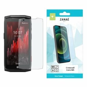 Verre trempé ZANAÉ 9H pour smartphone robuste Crosscall Core M5 avec emballage bleu et blanc