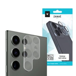 Protection d’objectif ZANAÉ en verre trempé pour Galaxy S23 Ultra, clarté et résistance optimale.