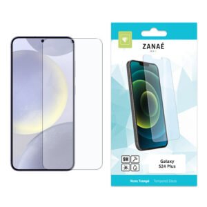 Verre trempé 9H ZANAÉ pour Samsung Galaxy S24 Plus avec emballage blanc et turquoise.