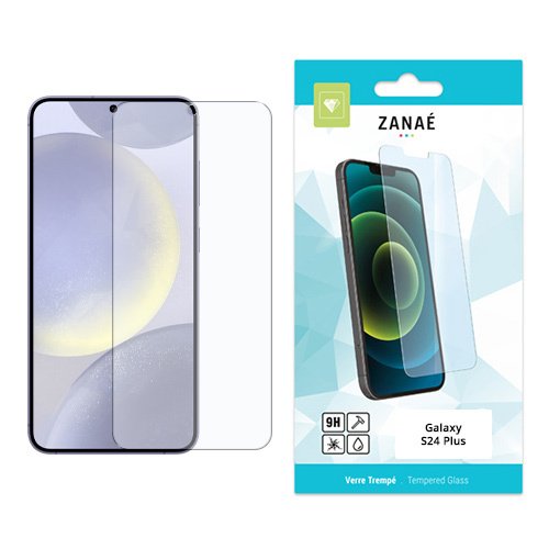 Verre trempé 9H ZANAÉ pour Samsung Galaxy S24 Plus avec emballage blanc et turquoise.