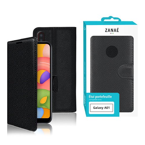 Étui portefeuille noir ZANAÉ pour Samsung Galaxy A01, élégant, pratique et protecteur.
