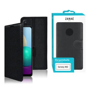 Étui portefeuille noir en similicuir pour Samsung Galaxy A02 avec rabat magnétique élégant.