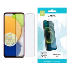 Verre trempé ZANAÉ pour Samsung Galaxy A03 4G avec emballage turquoise et blanc.