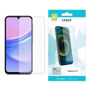 Verre trempé ZANAÉ 9H transparent pour Samsung Galaxy A15 avec emballage blanc et bleu.