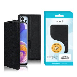 Étui portefeuille noir effet cuir pour Samsung Galaxy A23 avec emballage ZANAÉ élégant.
