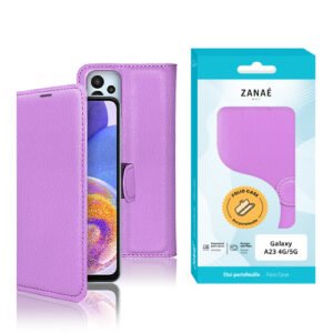 Étui portefeuille lavande ZANAÉ pour Samsung Galaxy A23, élégant, fonctionnel et protecteur.
