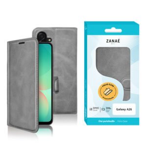 Étui folio gris ZANAÉ pour Samsung Galaxy A25, élégant, pliable et protecteur en simili cuir.