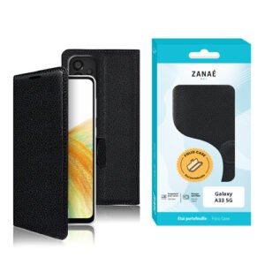 Coque portefeuille noire en cuir texturé pour Samsung Galaxy A33 5G avec rabat magnétique.