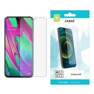 Verre trempé ZANAÉ pour Samsung Galaxy A40 avec emballage turquoise moderne et protection transparente.