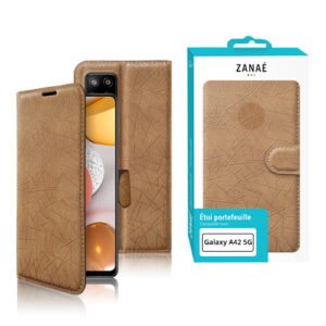 Étui portefeuille marron en simili cuir pour Samsung Galaxy A42 5G, élégant et fonctionnel.