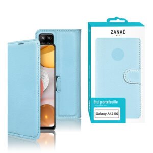 Étui portefeuille bleu clair ZANAÉ pour Samsung Galaxy A42 5G avec fermeture magnétique élégante.