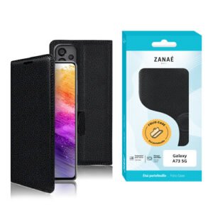 Coque portefeuille noire en similicuir ZANAÉ pour Samsung Galaxy A73 5G avec écran visible.