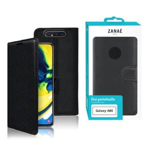 Étui portefeuille en cuir noir ZANAÉ pour Samsung Galaxy A80 avec rabat magnétique élégant.