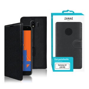 Étui portefeuille noir en similicuir pour Samsung Galaxy J4 2018 avec design folio élégant.