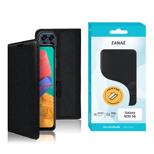 Étui folio noir ZANAÉ pour Samsung Galaxy M33 5G avec texture élégante et protection intégrale.