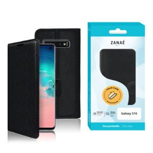 Étui folio noir ZANAÉ pour Samsung Galaxy S10, élégant, protecteur et texture grainée premium.