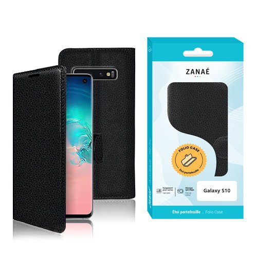 Étui folio noir ZANAÉ pour Samsung Galaxy S10, élégant, protecteur et texture grainée premium.