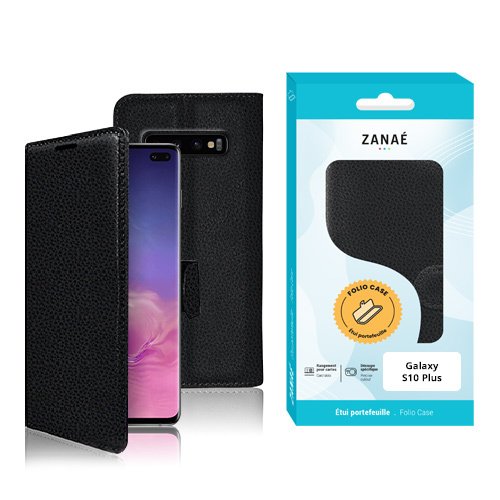 Étui folio en cuir noir ZANAÉ pour Samsung Galaxy S10 Plus avec design élégant et raffiné.
