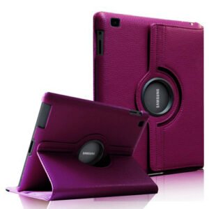 Étui rotatif violet en cuir premium pour tablette Samsung avec support pliable et protection élégante.