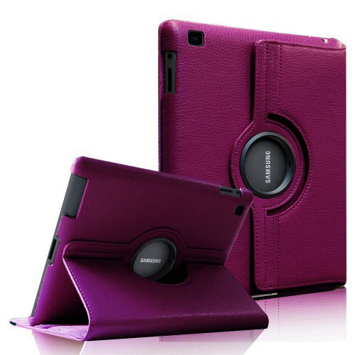 Étui rotatif violet en cuir premium pour tablette Samsung avec support pliable et protection élégante.