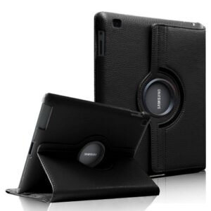 Étui rotatif en similicuir noir pour tablette Samsung, élégant, protecteur et multifonction.