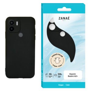 Coque noire ZANAÉ pour Xiaomi Redmi A2+, design élégant avec emballage bleu et blanc moderne.