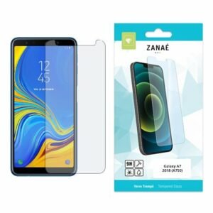 Verre trempé ZANAÉ 9H pour Samsung Galaxy A7 2018 avec emballage turquoise et blanc.