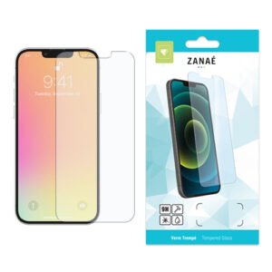 Protection d’écran ZANAÉ en verre trempé pour smartphone avec emballage blanc et turquoise élégant.