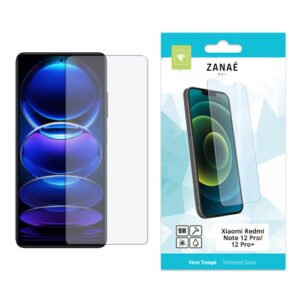 Verre trempé ZANAE pour Xiaomi Redmi Note 12 Pro avec smartphone et emballage bleu moderne.