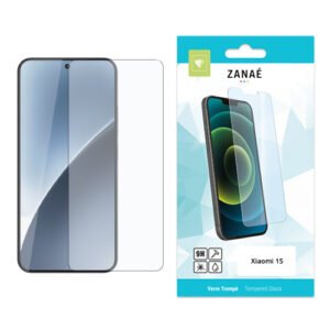 Verre trempé ZANAÉ pour Xiaomi 15 avec téléphone et emballage bleu et blanc élégants.