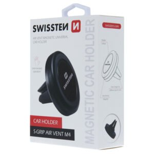 Support magnétique Swissten pour voiture, fixation sur grille d’aération, design moderne blanc et rouge.