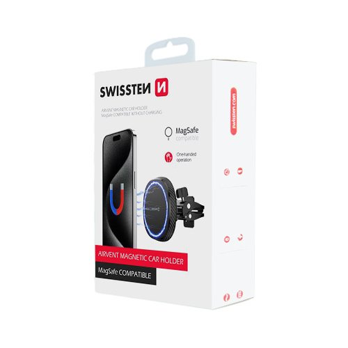 Boîte du support voiture magnétique Swissten MagSafe pour grille d’aération, rotation 360°.
