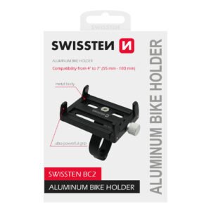 Emballage du support vélo aluminium SWISSTEN BC2, design premium, compatible smartphones 6 à 7 pouces.