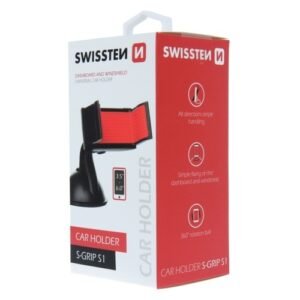 Emballage du support voiture Swissten S-Grip S1 rouge et blanc avec porte‑téléphone noir.