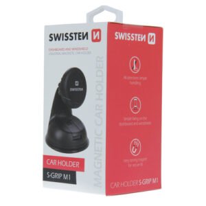 Emballage du support voiture magnétique Swissten S-Grip M1, design rouge, blanc et noir élégant.