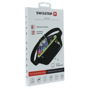 Ceinture de course Swissten noire et verte, étanche et compatible smartphones jusqu’à 7 pouces.