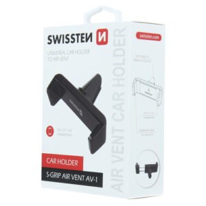 Boîte du support voiture universel Swissten S-Grip Air Vent AV-1, design blanc et rouge moderne.