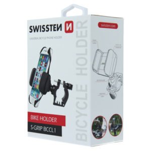 Boîte du support téléphone vélo Swissten S-Grip BCCL1 universel, design blanc et rouge moderne.