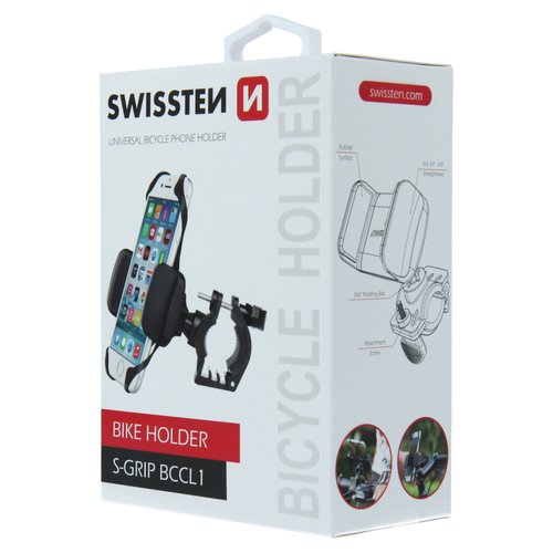 Boîte du support téléphone vélo Swissten S-Grip BCCL1 universel, design blanc et rouge moderne.