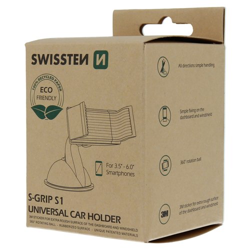 Boîte éco-responsable en carton du support voiture universel SWISSTEN S-Grip S1.