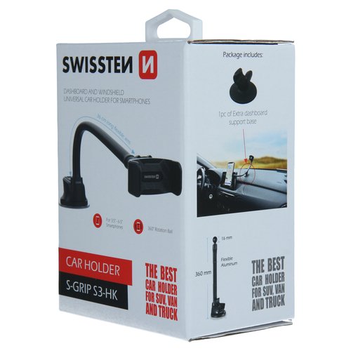 Boîte du support voiture SWISSTEN S-GRIP S3-HK à ventouse ajustable pour smartphone.