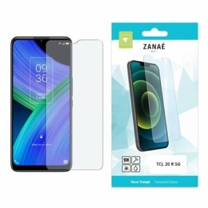 Verre trempé ZANAE pour TCL 20 R 5G avec emballage turquoise et smartphone affiché.